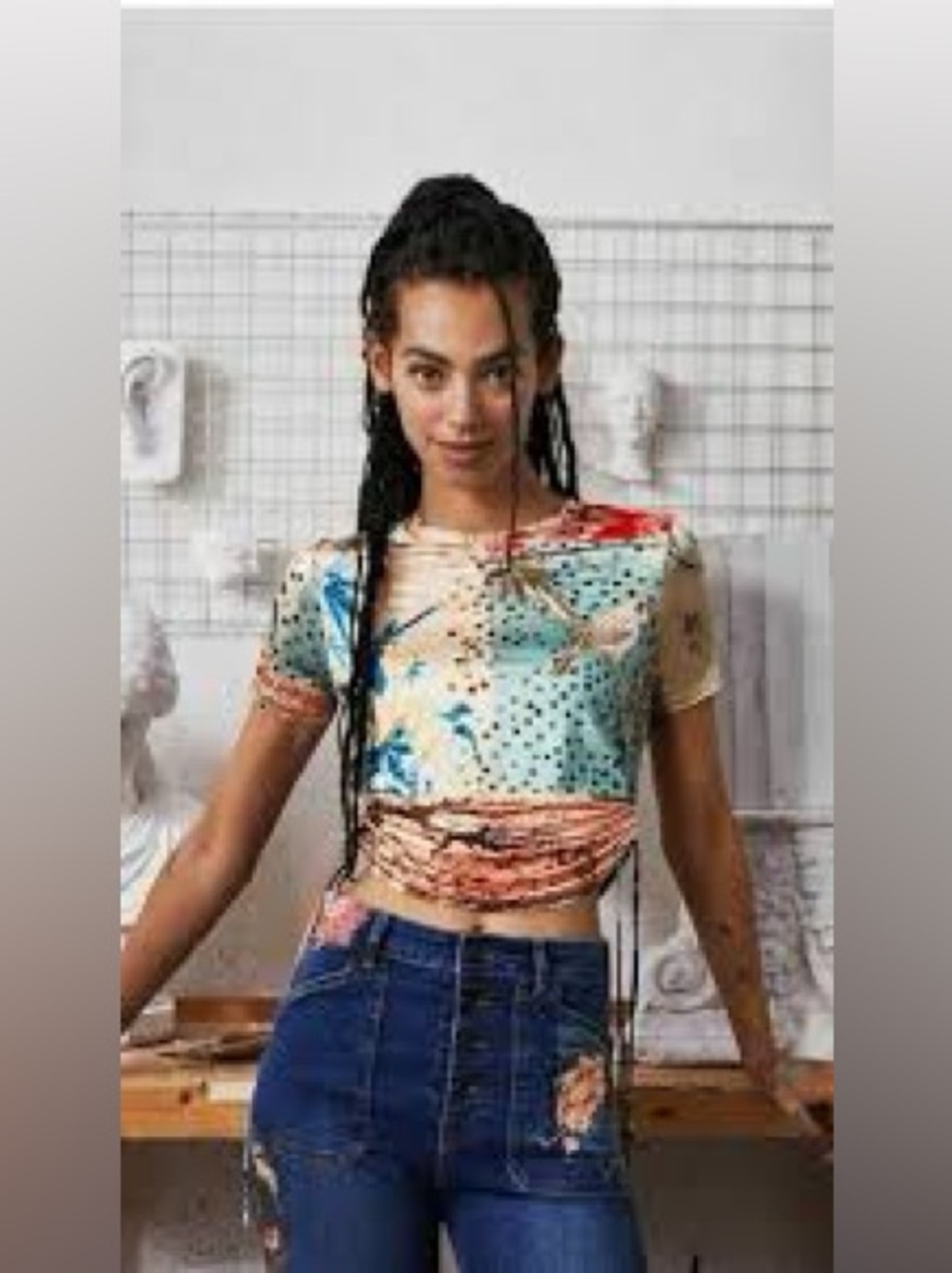 Desigual Floral & Bird Print Drawstring Tee slinky stretchy chic boho farm rio - Picture 7 of 7